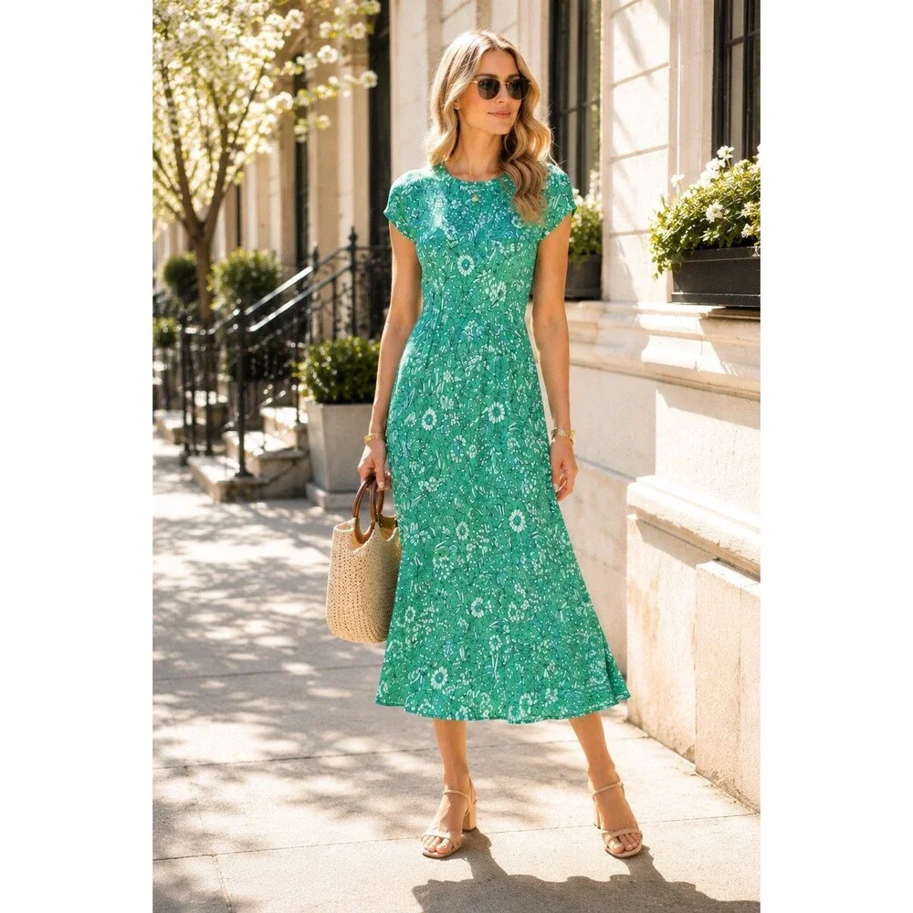 JCrew Gwyneth Dress Womens 0 Green Floral Marigold Bloom Lightweight Midi Spring
